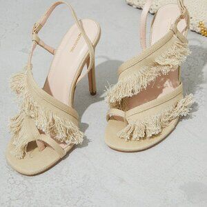 PrettyLittleThing Natural Woven Fringe Toe Loop High Heeled Sandals US Sz 7